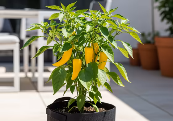 A healthy banana pepper plant thriving in a 5-gallon fabric pot on a sunny patio.
