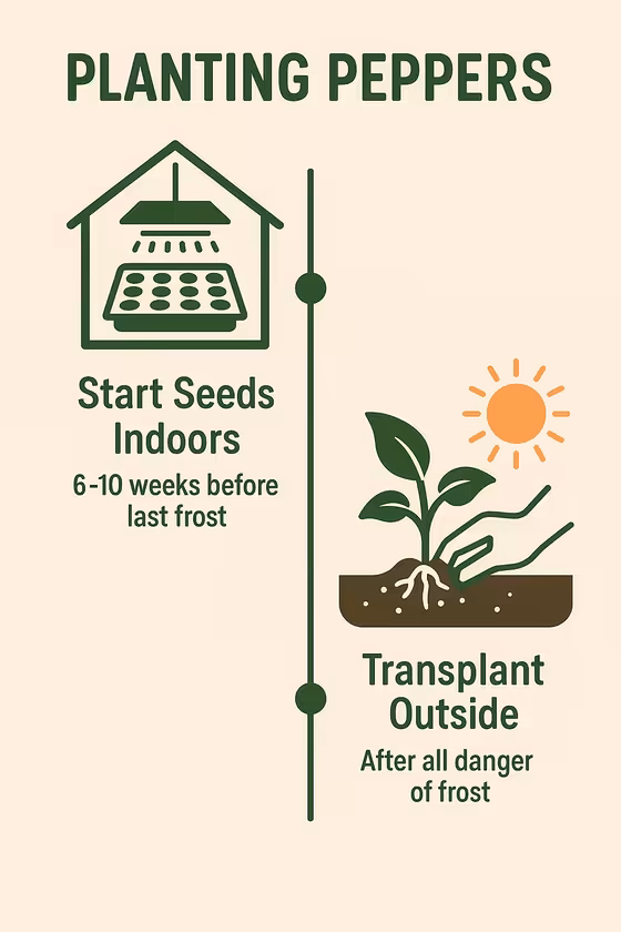 A visual timeline infographic for planting banana peppers, from starting seeds indoors to transplanting outside.