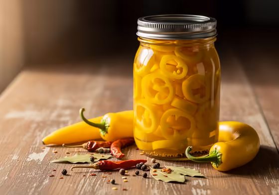 A beautiful glass jar filled with bright yellow pickled banana pepper rings, ready for storage.