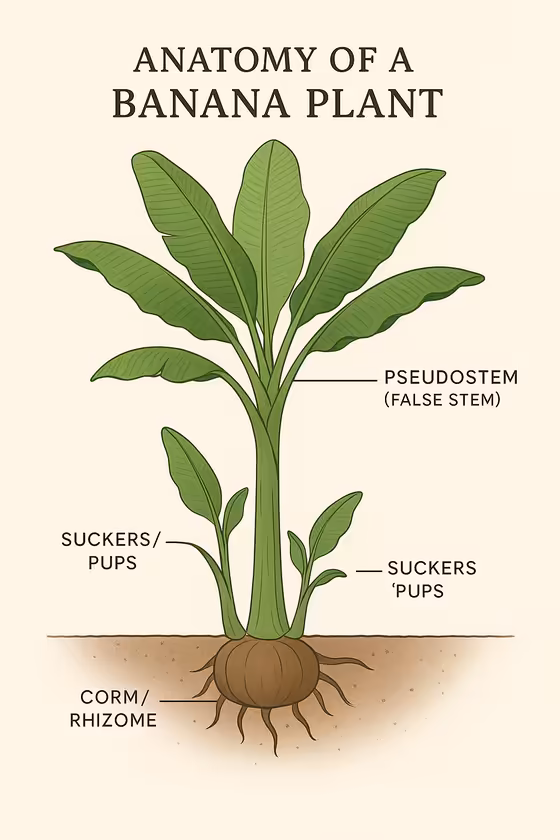 An educational diagram showing the anatomy of a banana plant, labeling the underground corm, the pseudostem, the large leaves, and the suckers or pups.