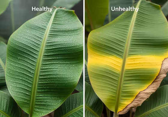 A split-screen image showing a healthy, vibrant green banana leaf on one side and an unhealthy leaf with yellowing and brown, crispy edges on the other.